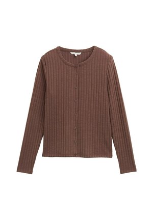 Brauner, gerippter Langarm-Cardigan mit rundem Ausschnitt und sieben Knöpfen vorne, flach auf weißem Hintergrund liegend.