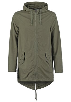 Olivegrüne, leichte Jacke mit Kapuze, Frontreißverschluss und zwei Seitentaschen. Verfügt über verstellbare Kordelzüge am Saum und an der Kapuze.