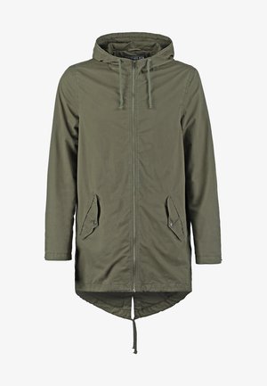 Olive green, lightweight jacket with a hood, front zipper, and two side pockets. Features adjustable drawstrings at the hem and hood.