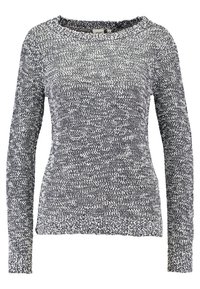 Neulottu pitkähiha-paita harmaana ja valkoisena, pyöreällä pääntiellä. Rakenteinen kangas ja väljä istuvuus, jossa resorit hihansuissa ja helmassa.