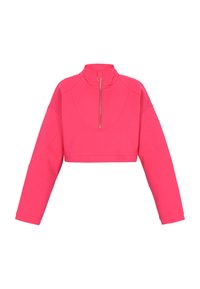 Top accorciato a maniche lunghe in rosa brillante, con colletto alto e apertura a zip parziale frontale. Realizzato in tessuto testurizzato con una vestibilità comoda.