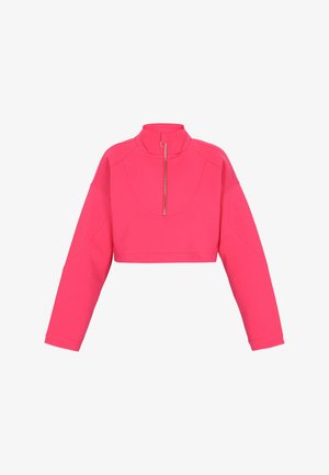 Lühendatud, pika varrukaga topp heleroosas, millel on kõrge krae ja pool-lukuga esiosa. Valmistatud tekstureeritud kangast, millel on mugav lõige.