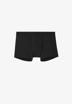 Czarne bokserki męskie wykonane z gładkiego materiału, z konturowanym workiem, elastycznym paskiem w talii oraz bez widocznych wzorów czy logo.