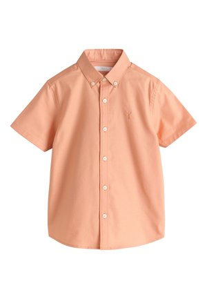 Short-sleeve peach button-down shirt with a buttoned collar and subtle embroidered logo on the chest.