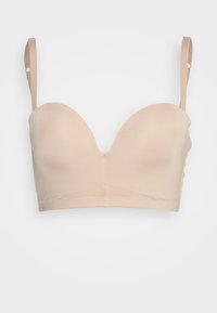 Μπέζ, μαλακό bralette με λείες, χωρίς ραφές cups, ρυθμιζόμενους ιμάντες και φαρδιά ζώνη; φτιαγμένο από μαλακό, ελαστικό ύφασμα.