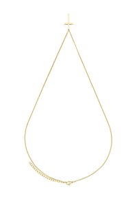 Collier en croix dorée avec une fine chaîne. La croix est minimaliste, horizontale au-dessus de la chaîne. Fermoir avec une extension réglable.