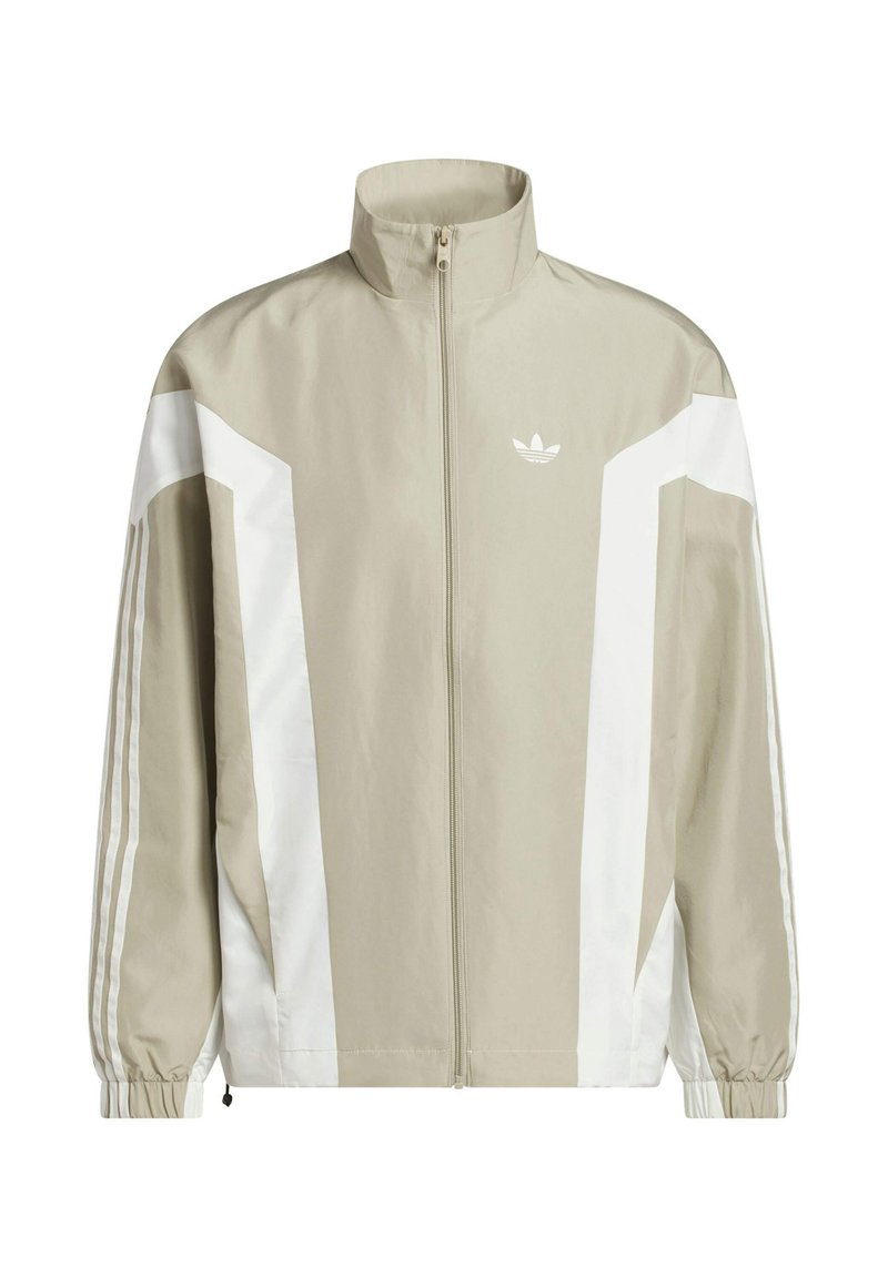 Light tan zip-up jacket with white accents, featuring a stand-up collar, elastic cuffs, and subtle branding on the chest.