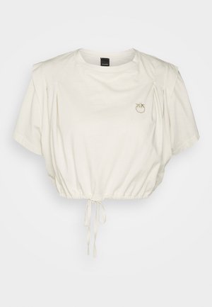 Blusa bianca corta con maniche corte, scollo rotondo, piccolo logo ricamato sul petto e coulisse regolabile all'orlo.