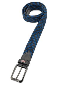 Geweven riem met zwarte en blauwe elastische strengen, voorzien van een leren punt in zwart en een zilveren metalen gesp met rechthoekige vorm.
