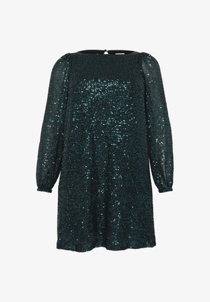Robe pailletée en bleu-vert foncé avec de longues manches bouffantes. Présente un col rond et une fermeture en forme de trou de serrure au dos. Texture de tissu scintillante.
