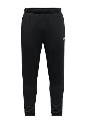 Schwarze Sporthose mit elastischem Bund und zulaufenden Beinen, mit kleinem weißem Logo am rechten Oberschenkel.