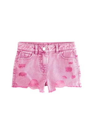 Rosa Jeansshorts mit verwaschenen Patches, hoher Taille, Fünf-Taschen-Design, rohem Saum und Knopfverschluss vorne.