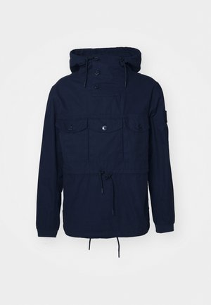 Navy blue windbreaker jacket with a hood, four front pockets, button closures, and adjustable drawstring at the waist. Lightweight fabric.