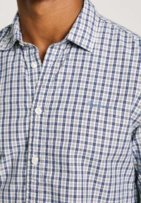 Uomo che indossa una camicia a quadri blu e bianca con colletto, che mostra parte del petto e del collo, camicia parzialmente sbottonata.
