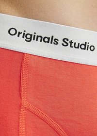 Koraalkleurig katoenen ondergoed met een witte elastische tailleband waarop "Originals Studio" in het zwart is gedrukt. Gedetailleerde stiksels zichtbaar langs de naden.