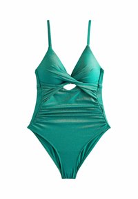 Teal badpak met een glanzende afwerking. Beschikt over een diepe V-hals, een gedraaide voorkant, uitsnijdingen en verstelbare dunne bandjes.