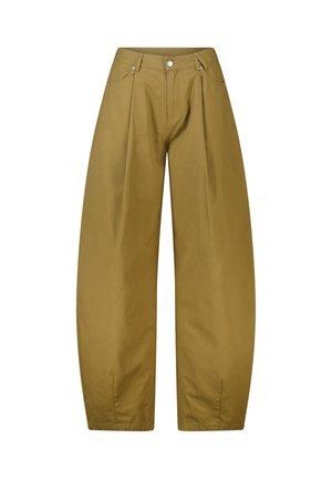 Loszittende kaki broek met hoge taille, plooien aan de voorkant, knoop- en ritssluiting en zijzakken.