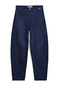 Donkerblauwe spijkerbroek met een hoge taille, rechte pijpen, voorzakken en een klassieke knoopsluiting. Gelaagd stof met stikseldetails.