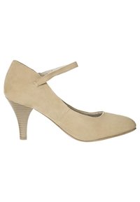 Béžová semišová obuv typu Mary Jane se strapcem, špičatou špičkou a štíhlým, strukturovaným podpatkem. Hladký povrch s bezproblémovým designem.