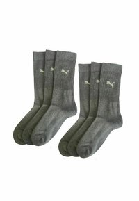 Graue Sportsocken im Viererpack, mit geripptem Bündchen und dem Puma-Logo in Hellgrau. Weicher Stoff und nahtloses Zehendesign.