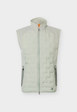Gilet imbottito senza maniche di colore grigio chiaro con collo alto e zip frontale, dotato di tasche laterali con cerniera e logo discreto sul lato inferiore destro.