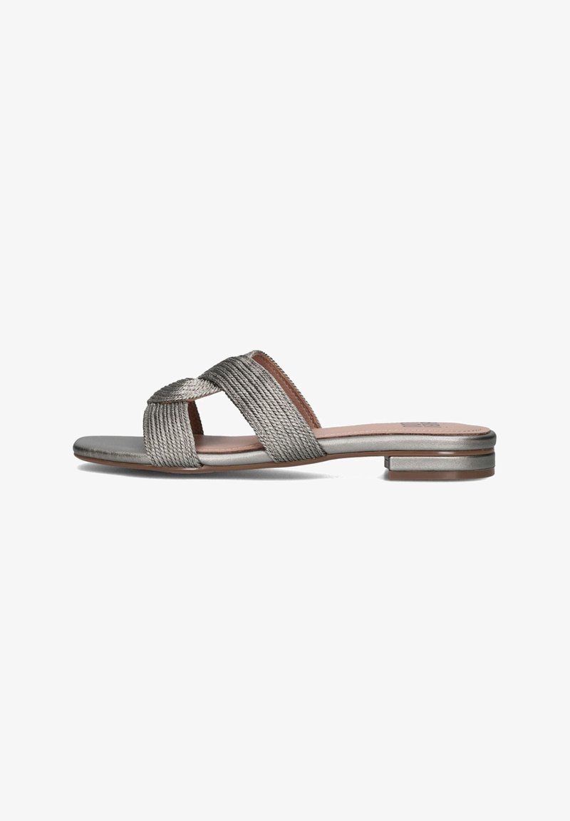 Silver slide sandals with a woven strap design, matte metallic finish, low block heel, and a cushioned insole for comfort.