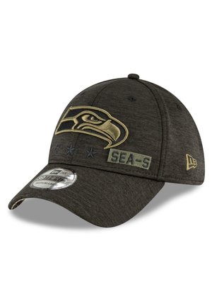 Casquette de baseball en tissu noir avec un logo des Seattle Seahawks en or, arborant trois étoiles et une étiquette emblématique. Design structuré et visière pré-courbée.