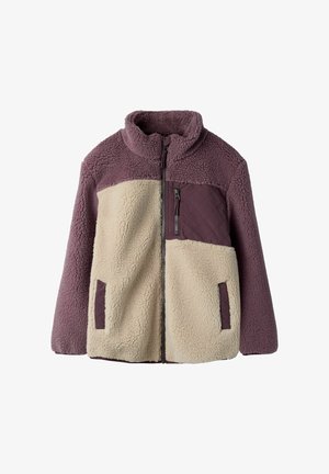 Dvodijelna flis jakna s patentnim zatvaračem sprijeda, visokim ovratnikom, džepom na prsima sa zatvaračem i bočnim džepovima u boji mauve i krem.