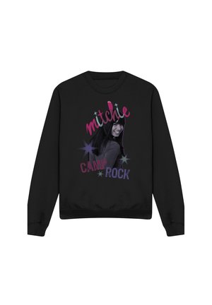 Schwarzer Sweatshirt mit einem Foto eines lächelnden Mädchens, Text „mitchie“ in Pink und „Camp Rock“ in Lila, mit Stern-Grafiken um den Text herum.