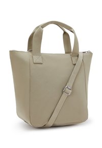 Bolso tote beige con tejido texturizado, doble asa superior y una correa de hombro ajustable. Cuenta con cierre de cremallera y forma cuadrada.