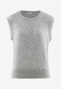 Gray, sleeveless sweater made of soft knit material. Features a ribbed neckline and hem, with a slightly loose fit and smooth texture.