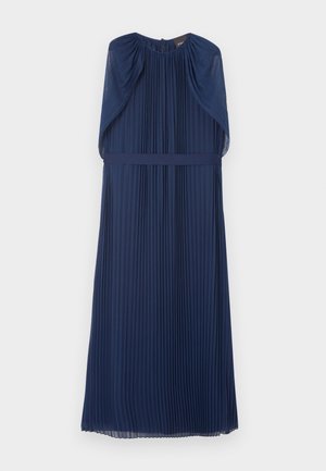 Tumesinine varrukateta volditud midi kleit koos kogutud õlgade ja kehaplankidega valgel taustal.