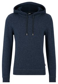 Felpa navy con cappuccio e cordino, realizzata in tessuto morbido. Presenta una tasca a marsupio e polsi a coste. Marchio minimal visibile all'interno del cappuccio.