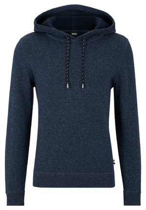 Sweat à capuche bleu marine avec cordon de serrage, fabriqué en tissu doux. Dispose d'une poche kangourou et de poignets côtelés. Branding minimal visible à l'intérieur de la capuche.
