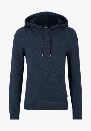 Felpa navy con cappuccio e cordino, realizzata in tessuto morbido. Presenta una tasca a marsupio e polsi a coste. Marchio minimal visibile all'interno del cappuccio.