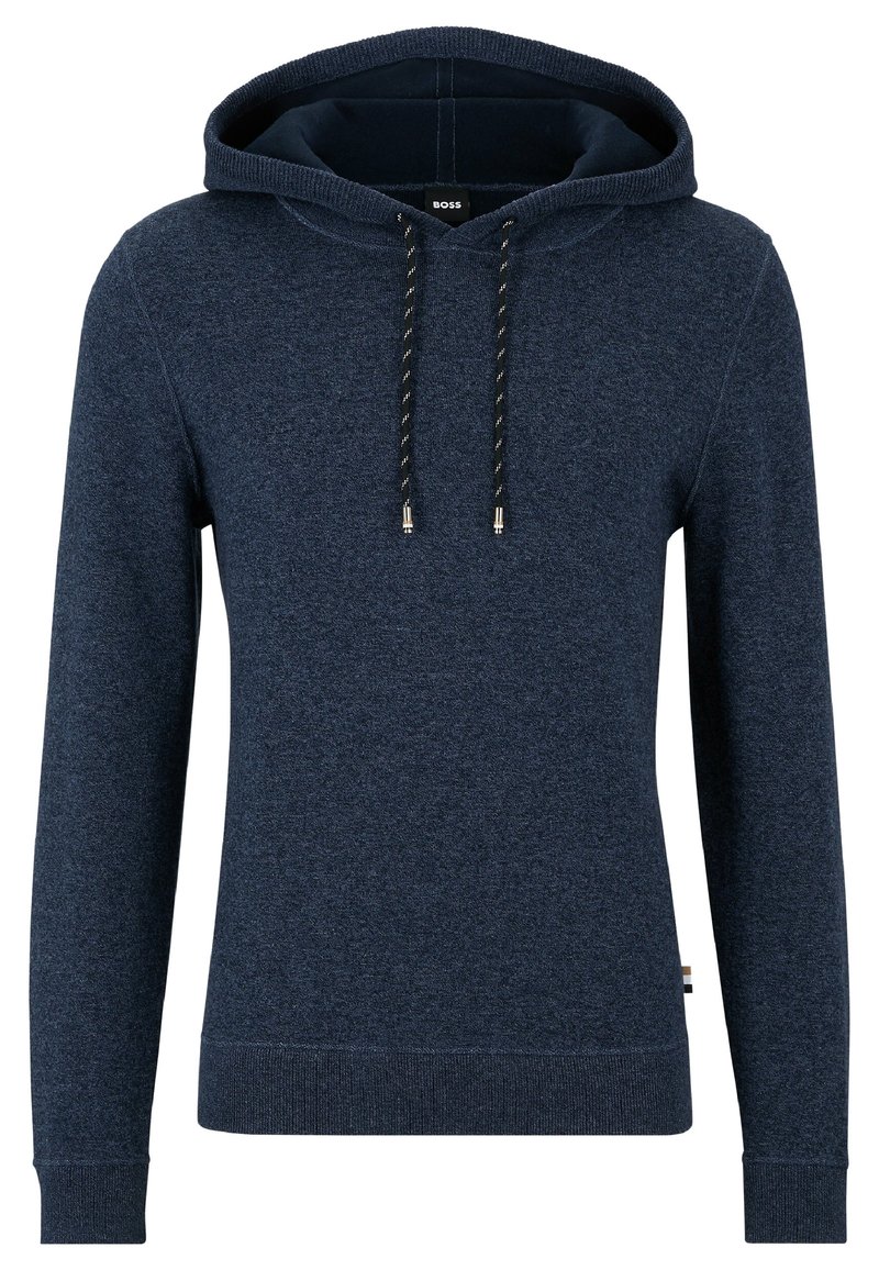 Felpa navy con cappuccio e cordino, realizzata in tessuto morbido. Presenta una tasca a marsupio e polsi a coste. Marchio minimal visibile all'interno del cappuccio.