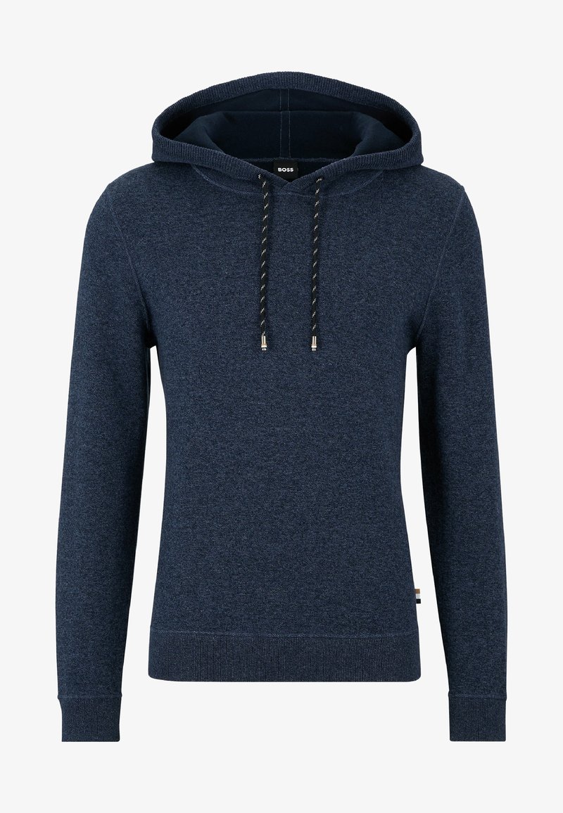 Marinskjorta med dragsko, tillverkad av mjukt tyg. Har en känguruficka och ribbade muddar. Minimal branding synlig inuti huvan.