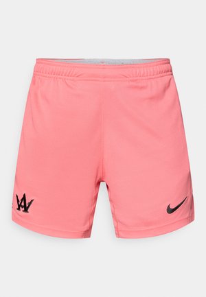 Rózsaszín atlétikai rövidnadrágok nedvességelvezető anyagból, rugalmas derékpánttal, fekete Nike logóval és bal oldali hímzett részlettel.