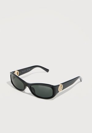 Black rectangular sunglasses with dark lenses and gold circular logo accents on both temples, shown on a white surface.