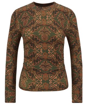 Langarmtop van groene stof met een bruine en oranjekleurige bloemenpatroon. Het ontwerp bevat gebogen vormen en een ronde hals.