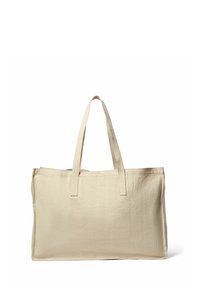 Beige Canvas-Tote mit zwei Griffen, rechteckiger Form, glatter Textur und subtilen Stickdetails entlang der Kanten.