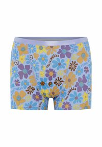Shorts en coton bleu avec un imprimé floral coloré jaune, violet et bleu, agrémenté de symboles de paix et de textes "SMILEY WORLD".