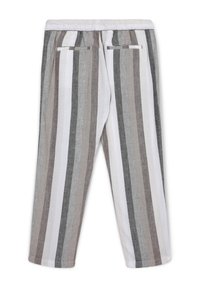 Pantaloni in lino a righe con righe verticali in grigio, marrone e bianco. Vita elastica con due tasche posteriori e design a gamba affusolata.