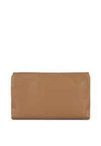 Portafoglio in pelle marrone con finitura testurizzata, forma rettangolare e bordi cuciti. Design minimalista, senza hardware visibile o accenti.