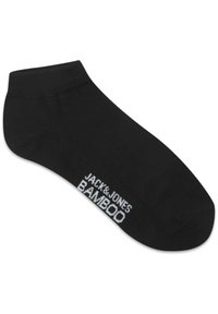 Schwarze Knöchelsocken aus Bambus, mit gerippter Textur und weißem Drucklogo "JACK & JONES BAMBOO" an der Seite.