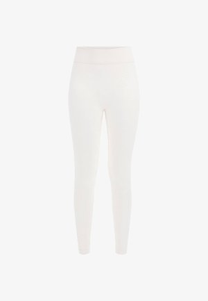 Witte leggings met een gladde textuur, hoge tailleband en een subtiel reliëfpatroon door de stof. Strak model.