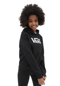 Sudadera negra con bolsillo canguro en el frente y logo blanco de "VANS". Tejido suave y puños acanalados. Se lleva con leggings negros.