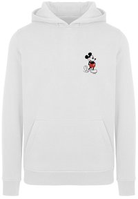 Sudadera blanca con cordón; presenta un pequeño gráfico de Mickey Mouse en negro y rojo en el pecho; incluye un bolsillo frontal y puños acanalados.