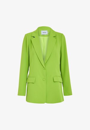 Bright green blazer with a tailored design, long sleeves, notch lapels, two front pockets, and single-button closure. Smooth texture.