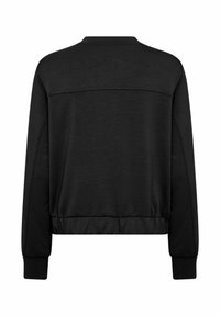 Zwarte sweatshirt met lange mouwen, ribbelboorden en -zoom, zichtbare naad over de bovenrug, van achteren weergegeven op een witte achtergrond.